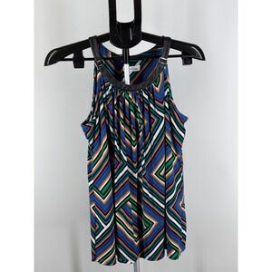 Calvin Klein Geometric Chevron Halter Top Faux Leather Trim Multi Color Blouse M
